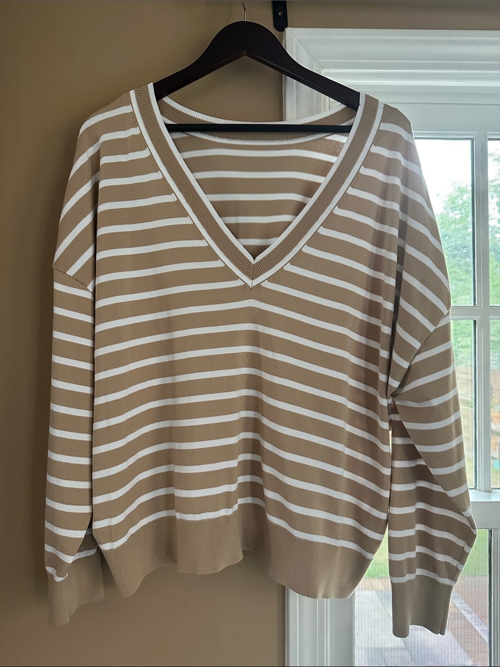 Express Striped V-Neck Sweater - Beige & White